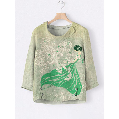 Woman & Floral Print Linen Lapel Shirt