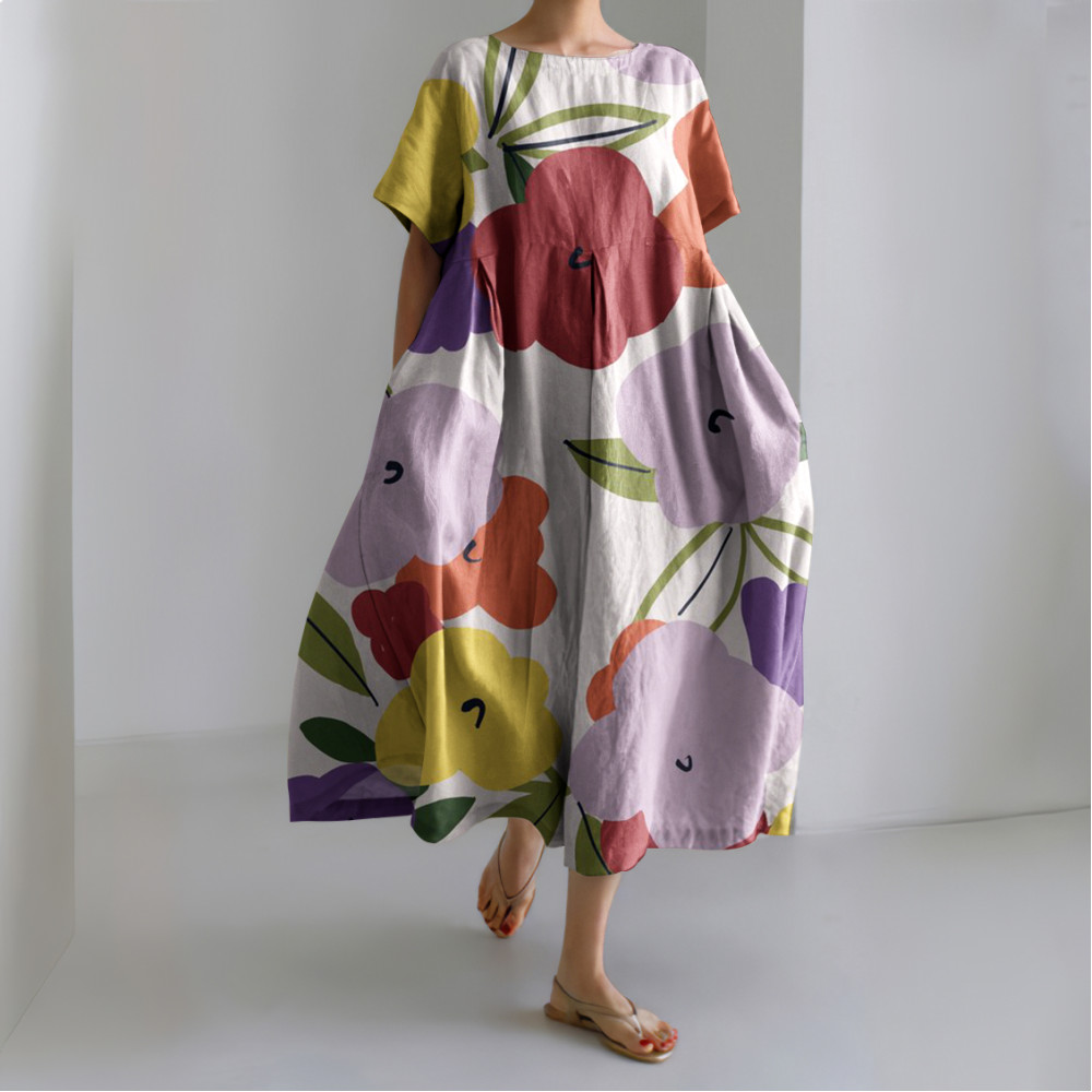 Women Color Block Floral Art Printed Casual Midi Dress