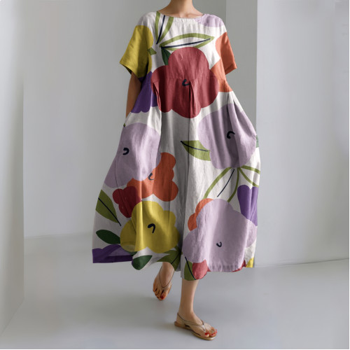 Women Color Block Floral Art Printed Casual Midi Dress