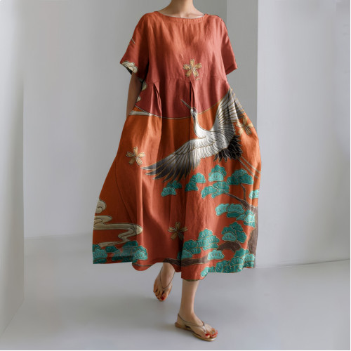 Women Crane Floral Art Printed Casual Midi Dress