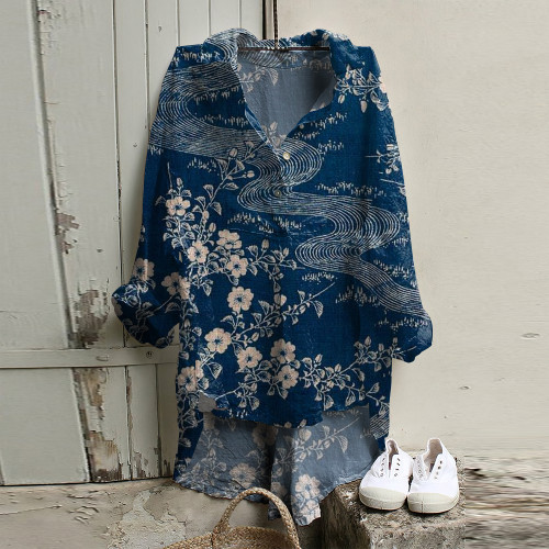 Women Floral Art Button Down Casual Woven Tunic