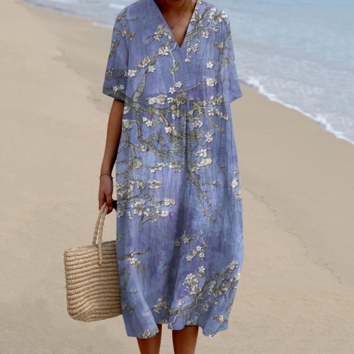 Women Floral Art Printed Casual Midi Dress