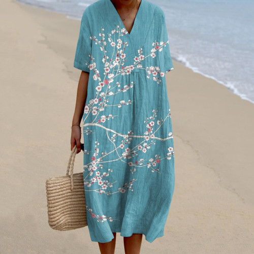 Women Floral Art Printed Casual V Neck Midi Dress