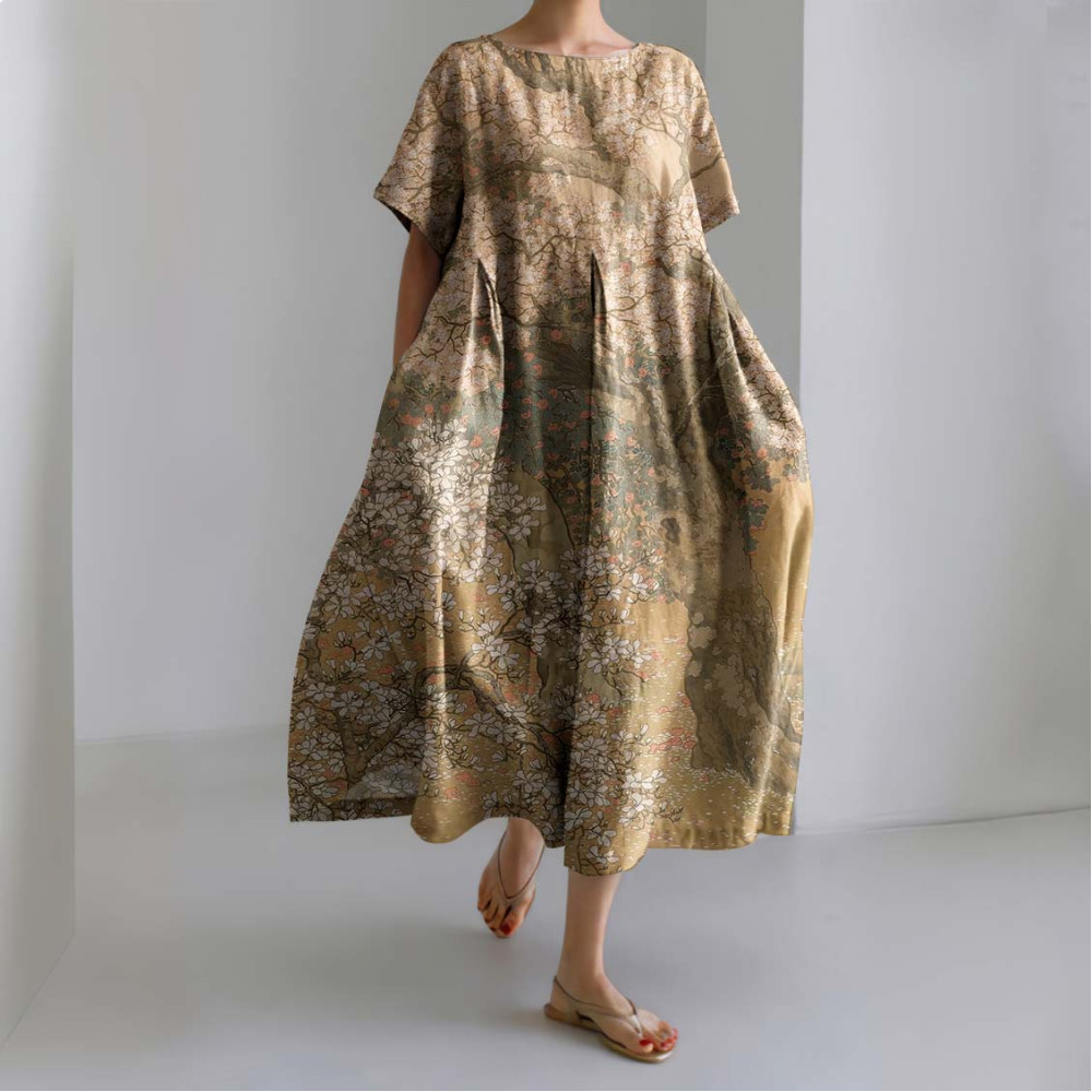 Women Flower Art Linen Blend Maxi Dress