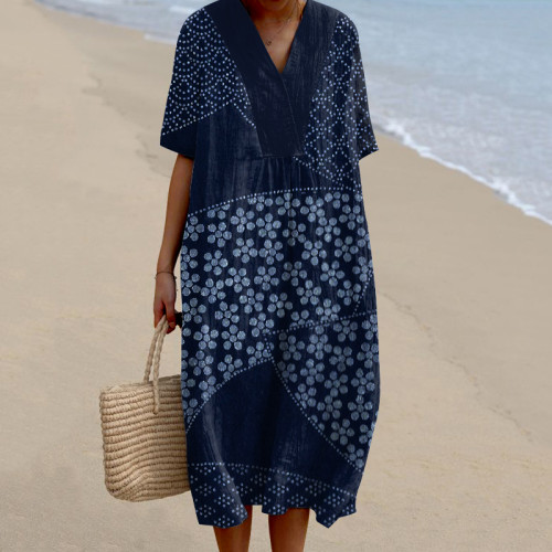 Women Geometry Floral Art Printed Casual V Neck Midi Dress