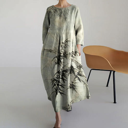 Women Japanese Art Bamboo Pattern Linen Blend Maxi Dress