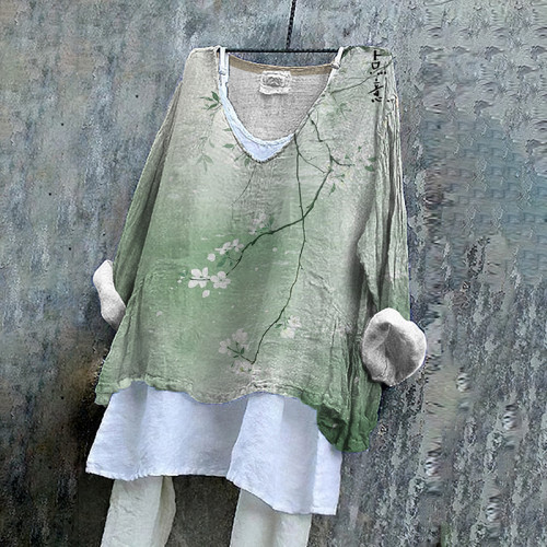 Women Japanese Art Blossom Printed V Neck Shirt