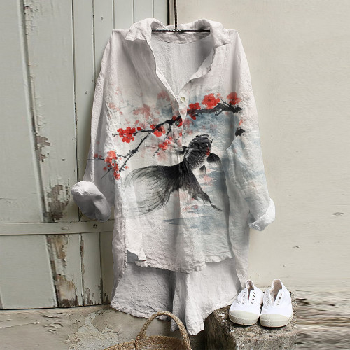 Women Japanese Art Branch And Fish Printed V Neck Shirt
