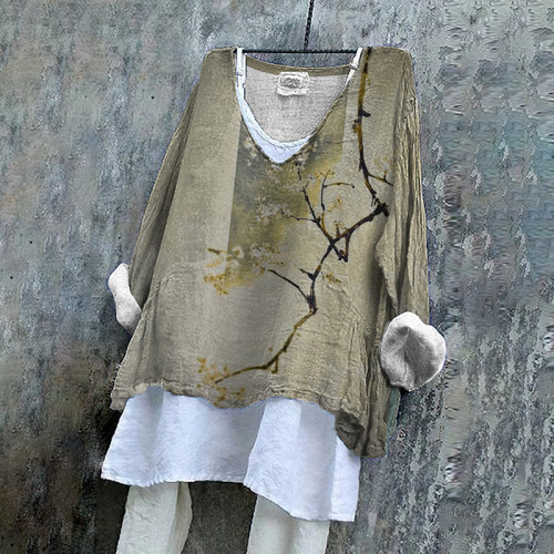 Women Japanese Art Branch Printed V Neck Shirt