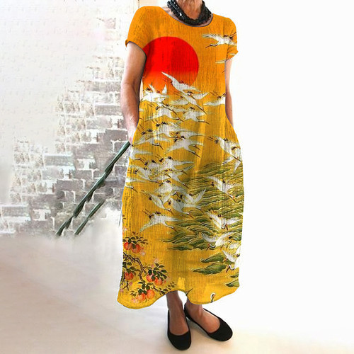 Women Japanese Art Crane Pattern Linen Crew Neck Maxi Dress