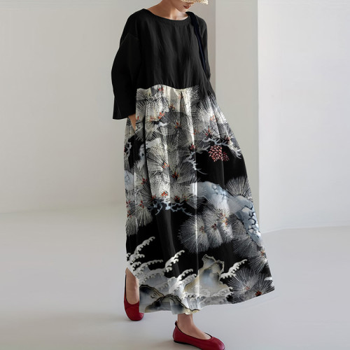 Women Japanese Art Crane Pine Linen Blend Maxi Dress