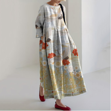 Women Japanese Art Crane Printed Casual Midi Dress