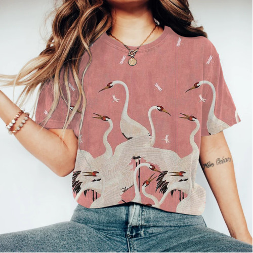 Women Japanese Art Crane Printed Round Neck T-Shirt