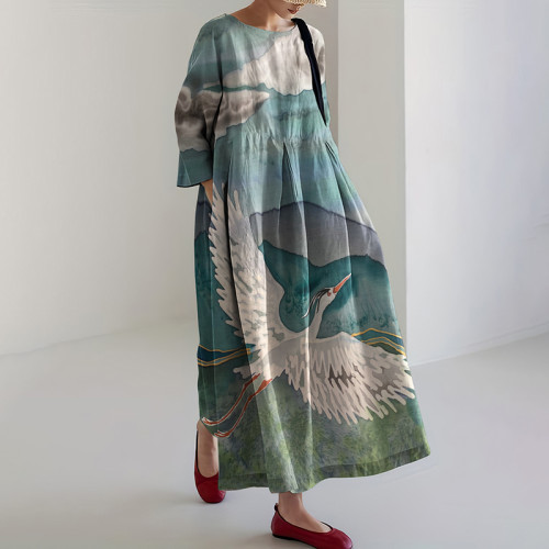 Women Japanese Art Crane Scenery Linen Blend Maxi Dress
