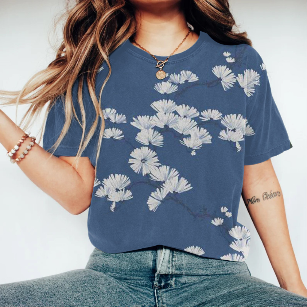 Women Japanese Art Dandelion Printed Round Neck T-Shirt