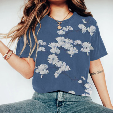 Women Japanese Art Dandelion Printed Round Neck T-Shirt