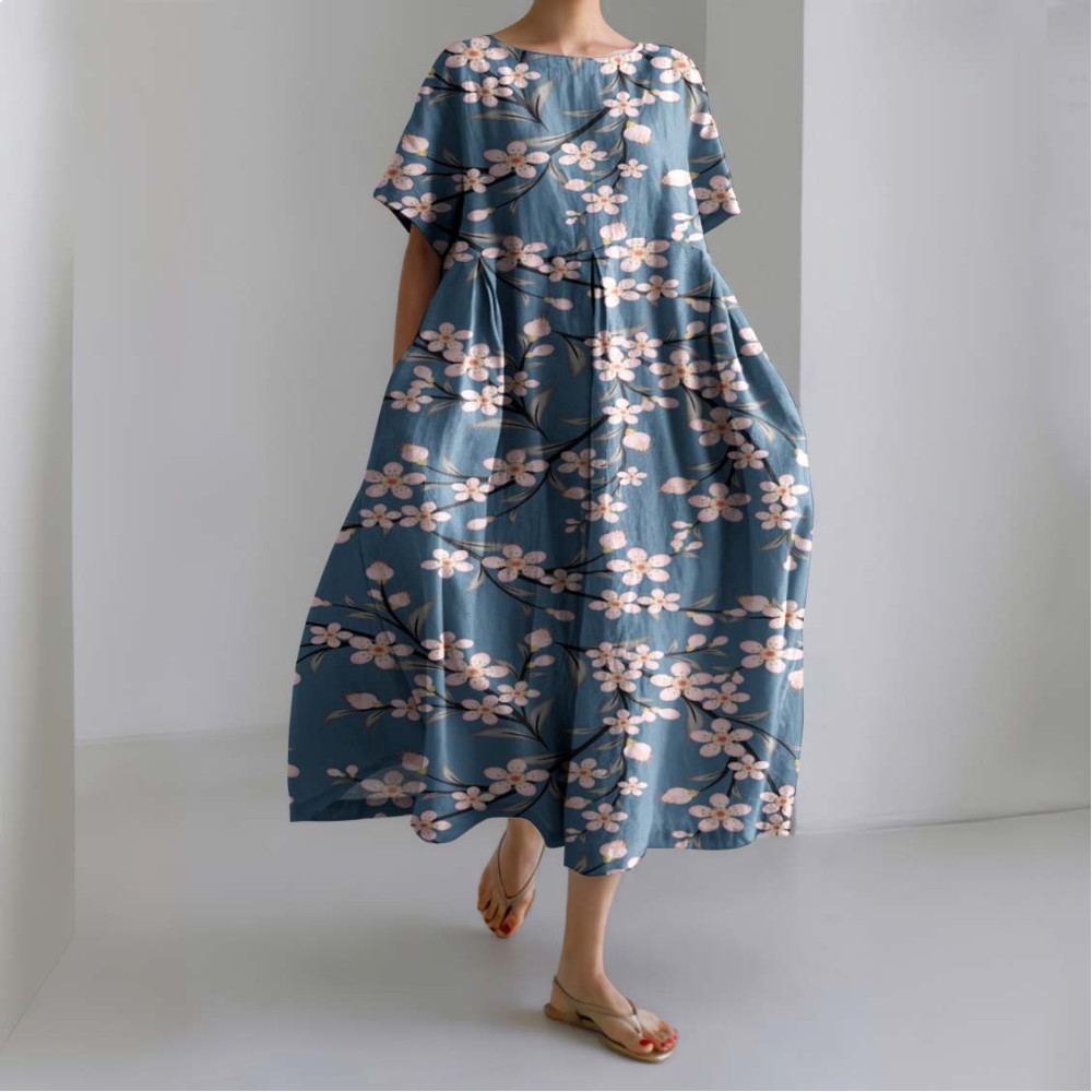Women Japanese Art Floral Linen Blend Maxi Dress