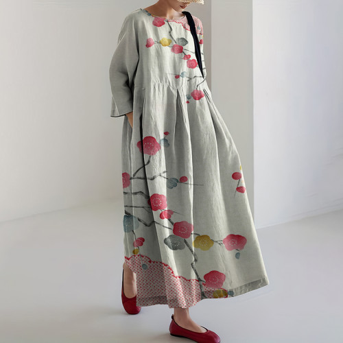 Women Japanese Art Flower Linen Blend Maxi Dress