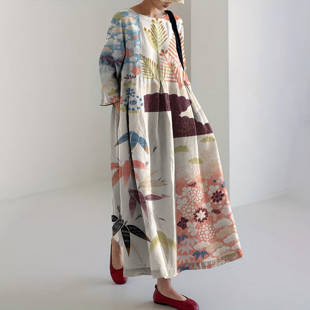 Women Japanese Art Flower Splicing Linen Blend Maxi Dress