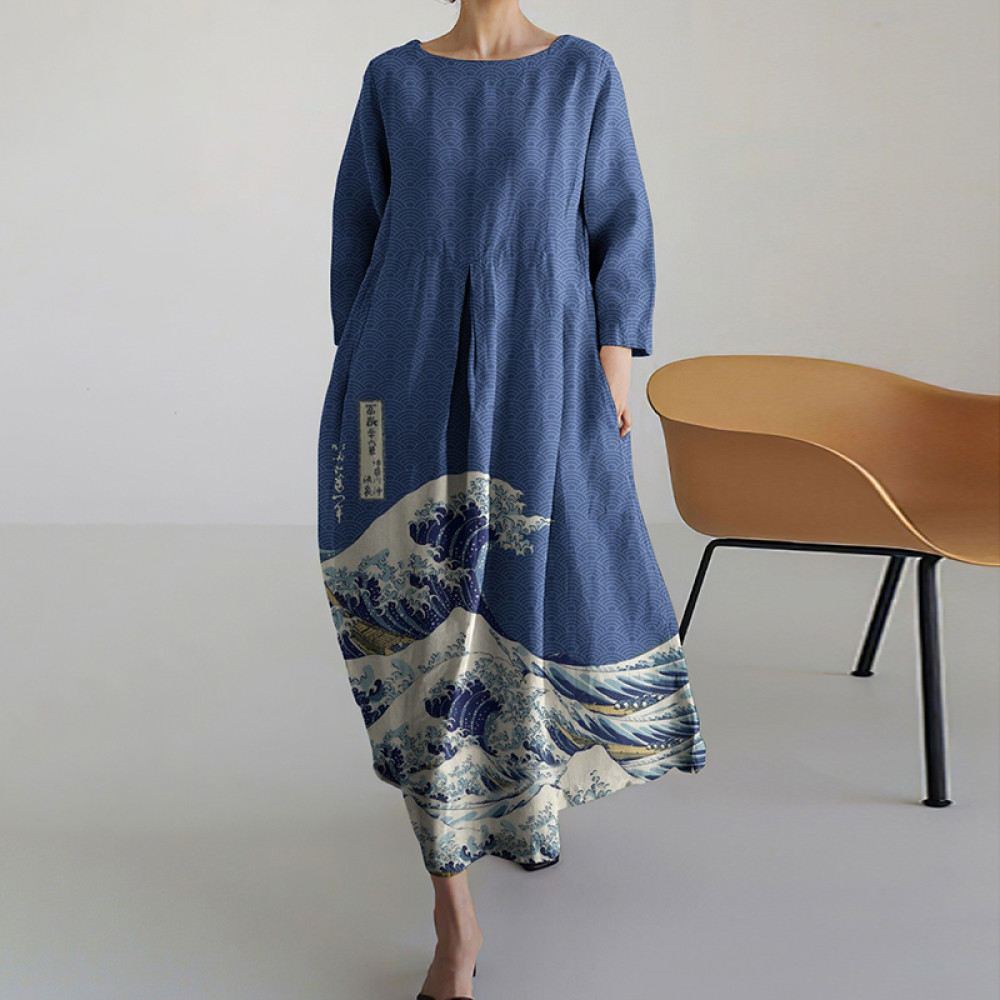 Women Japanese Art Pattern Linen Blend Maxi Dress