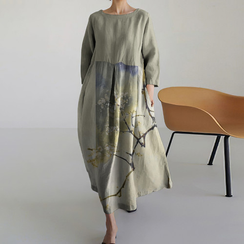 Women Japanese Art Pattern Linen Blend Maxi Dress