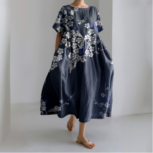 Women Japanese Art Plum Blossom Linen Blend Maxi Dress