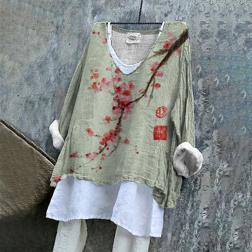 Women Japanese Art Plum Blossom Printed Round Neck T-Shirt