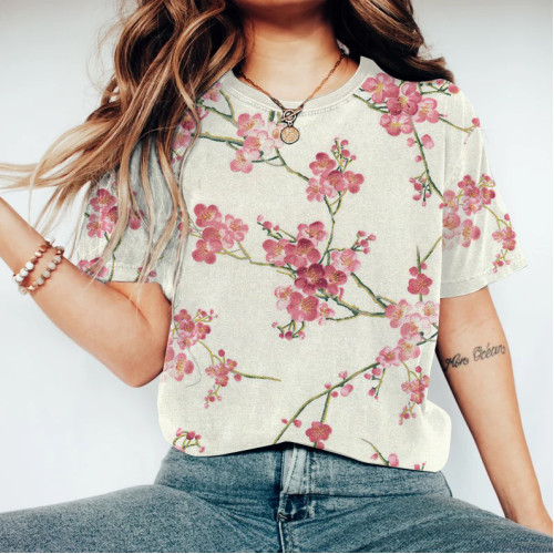 Women Japanese Art Plum Blossom Printed Round Neck T-Shirt