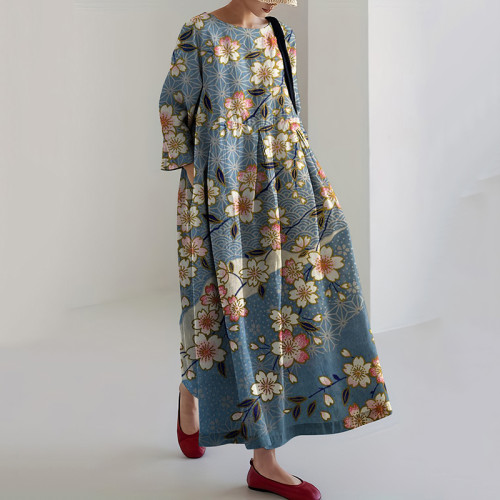 Women Japanese Art Sakura Printed Casual Midi Dress