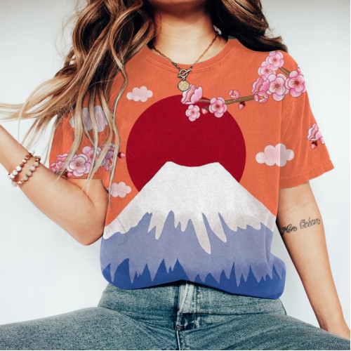 Women Japanese Art Sakura Printed Round Neck T-Shirt