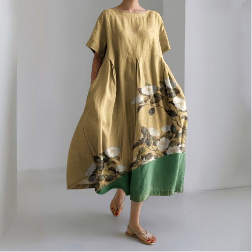 Women Japanese Floral Art Printed Casual Midi Dress