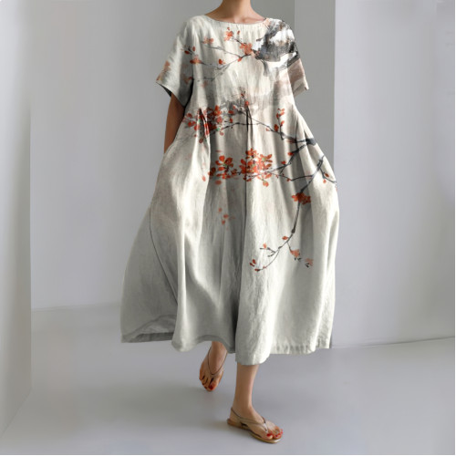 Women Japanese Floral Art Printed Casual Midi Dress