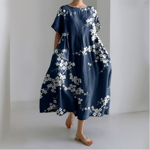 Women Japanese Floral Art Printed Crew Neck Midi Dress