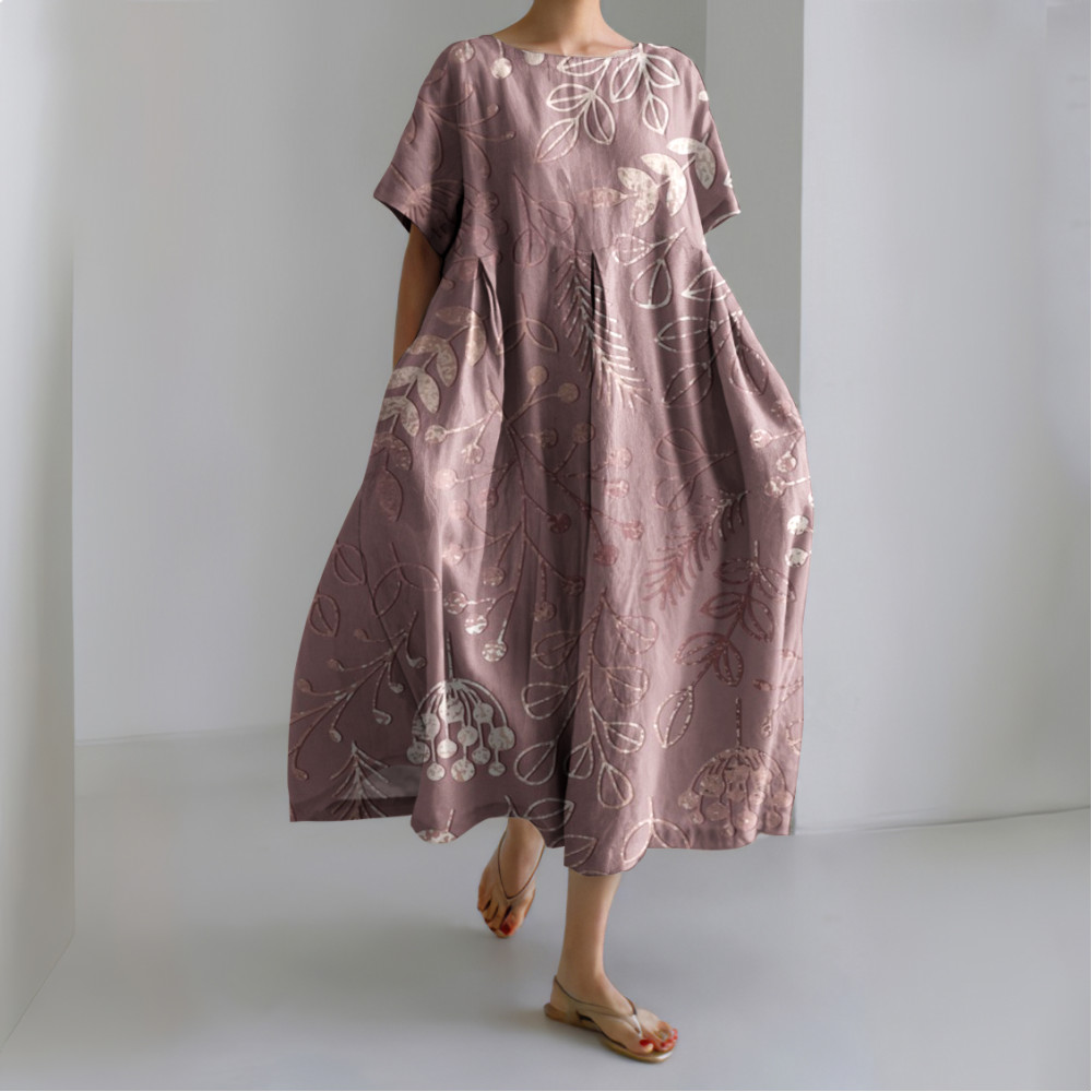 Women Pink Floral Art Linen Blend Maxi Dress