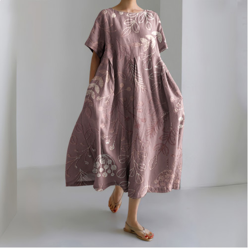 Women Pink Floral Art Linen Blend Maxi Dress