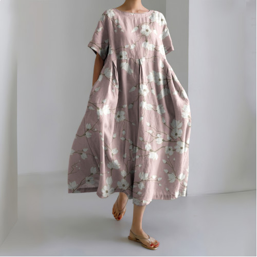 Women Pink Floral Art Printed Casual Midi Dress
