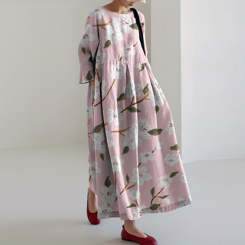 Women Pink Floral Art Printed Casual Midi Dress