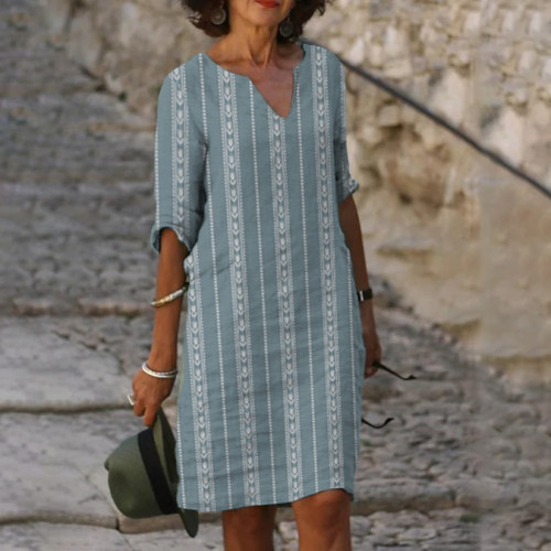 Women Retro Tulip Stripe Art Floral Art Casual V Neck Midi Dress