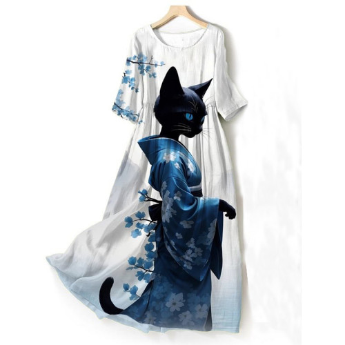 Women'S Elegant Sakura Kimono Cat Art Print Casual Maxi Dress