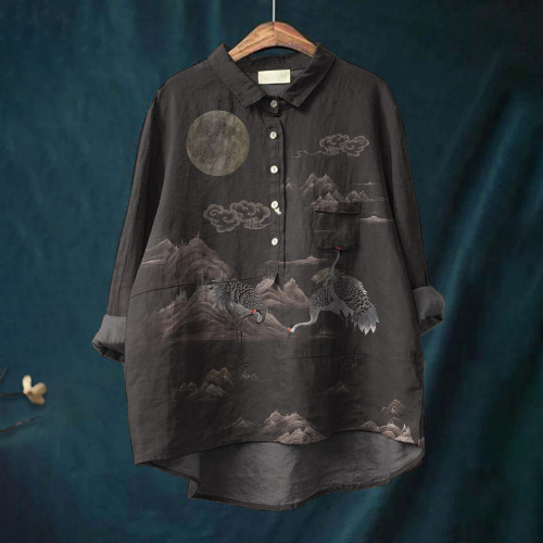 Women'S Shirt With Clouds And Flying Crane Print