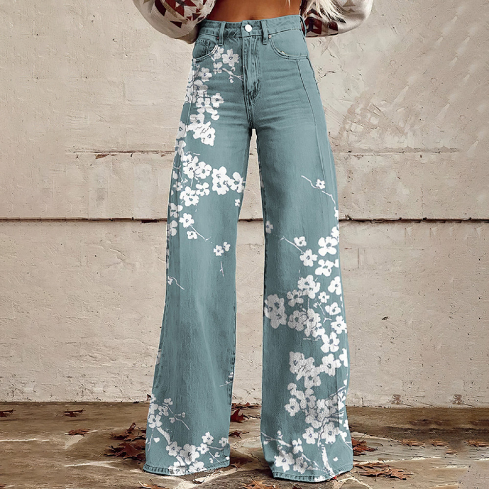 Women'S Vintage Cherry Blossoms Print Casual Wide Leg Jeans