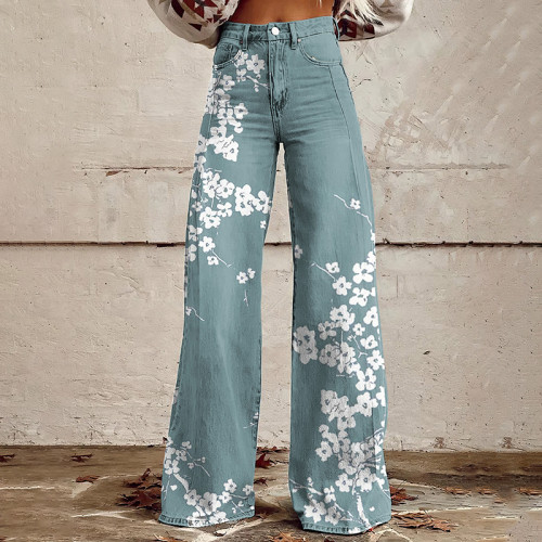 Women'S Vintage Cherry Blossoms Print Casual Wide Leg Jeans