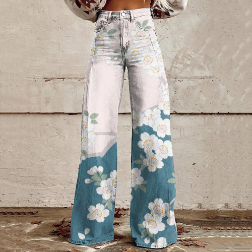 Women'S Vintage Cherry Blossoms Print Casual Wide Leg Jeans