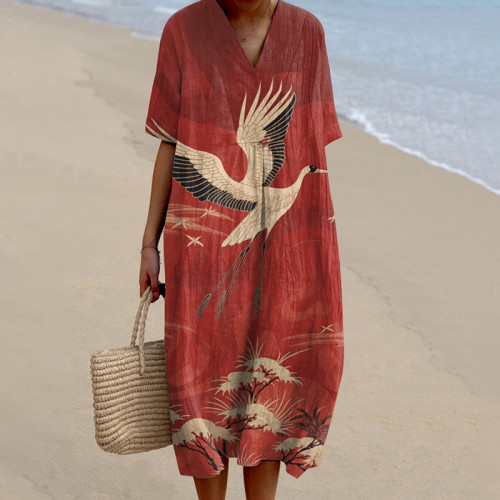 Women'S Vintage Crane Art Print V Neck Flowy Midi Dress