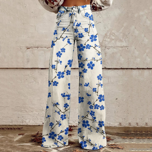 Women'S Vintage Flowers Print Casual Wide Leg Jeans