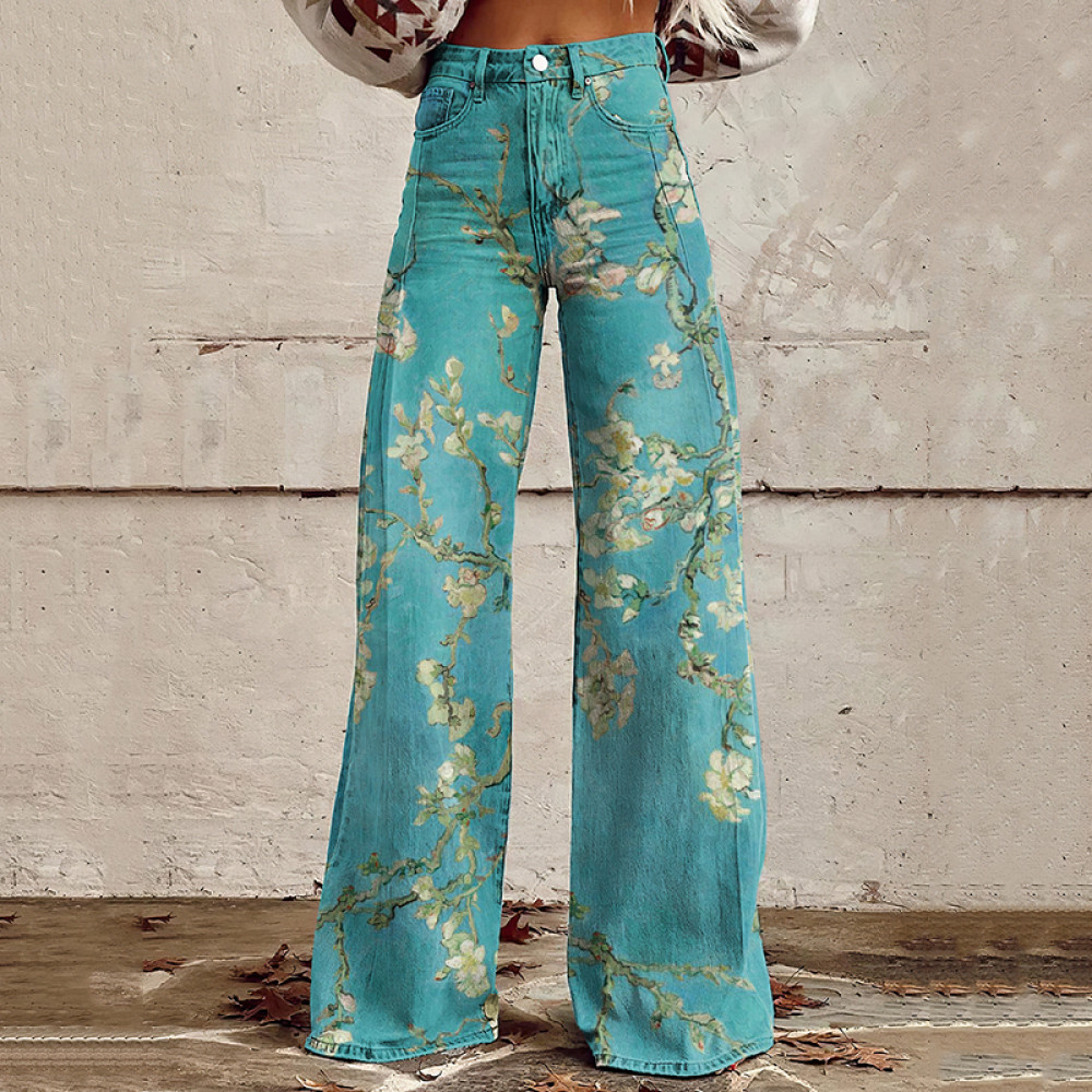 Women'S Vintage Flowers Print Casual Wide Leg Jeans