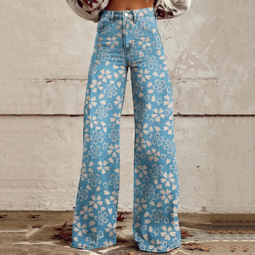 Women'S Vintage Flowers Print Casual Wide Leg Jeans