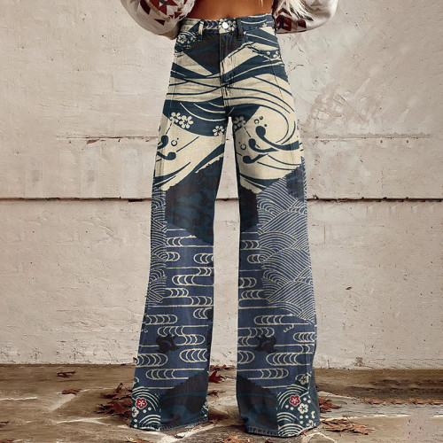Women'S Vintage Japanese Art Print Casual Wide Leg Jeans
