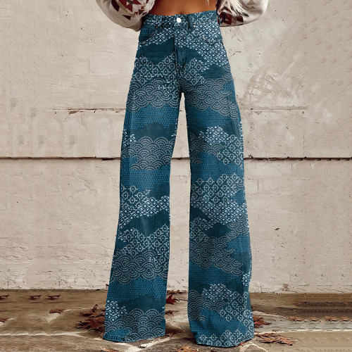 Women'S Vintage Japanese Art Print Casual Wide Leg Jeans