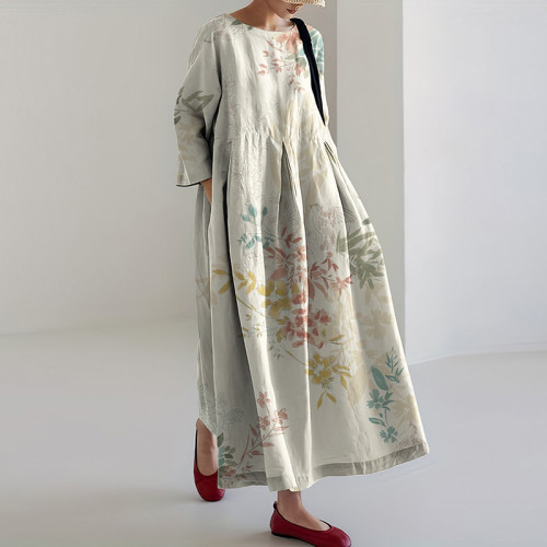 Women Vintage Floral Art Printed Casual Long Sleeve Midi Dress